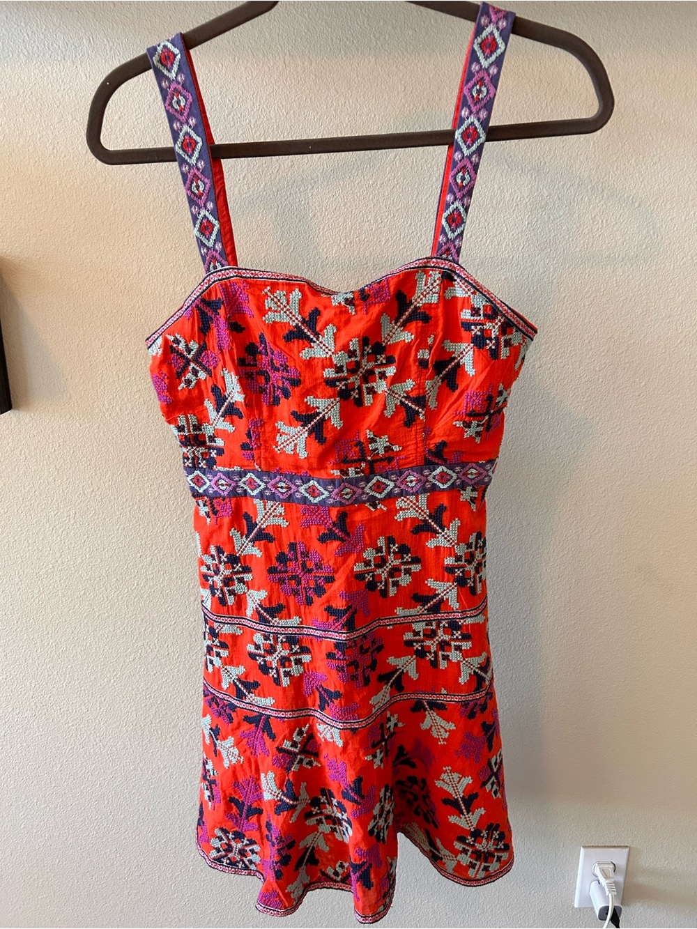 By Anthropologie Orange/ Purple and Blue Floral Embroidered Sundress with Straps